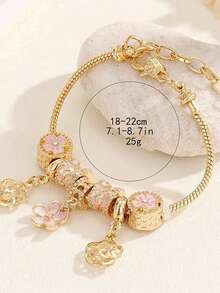 1PC Fashion DIY Bracelet With Four Leaf Clover Drip Oil Bead Charm Handpiece Pink Flower Large Hole Bead Lobster Buckle Bracelet - Gold - View 3