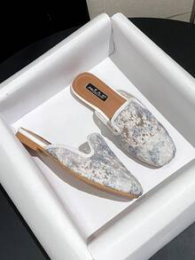 Mengshangli Women's Random Print Mesh Patchwork Flat Slide Sandals, Beach Vacation, Spring/Summer - Baby Blue - View 1