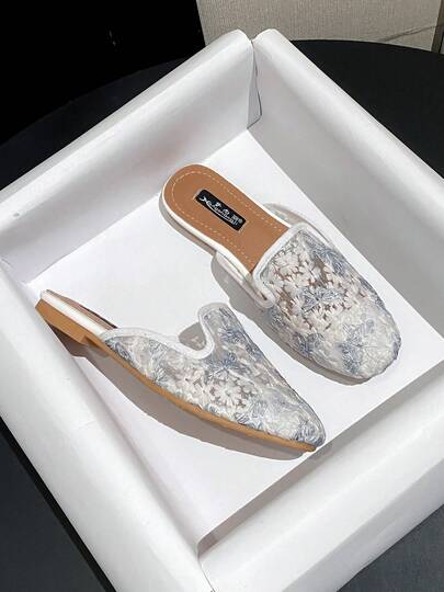 Mengshangli Women's Random Print Mesh Patchwork Flat Slide Sandals, Beach Vacation, Spring/Summer