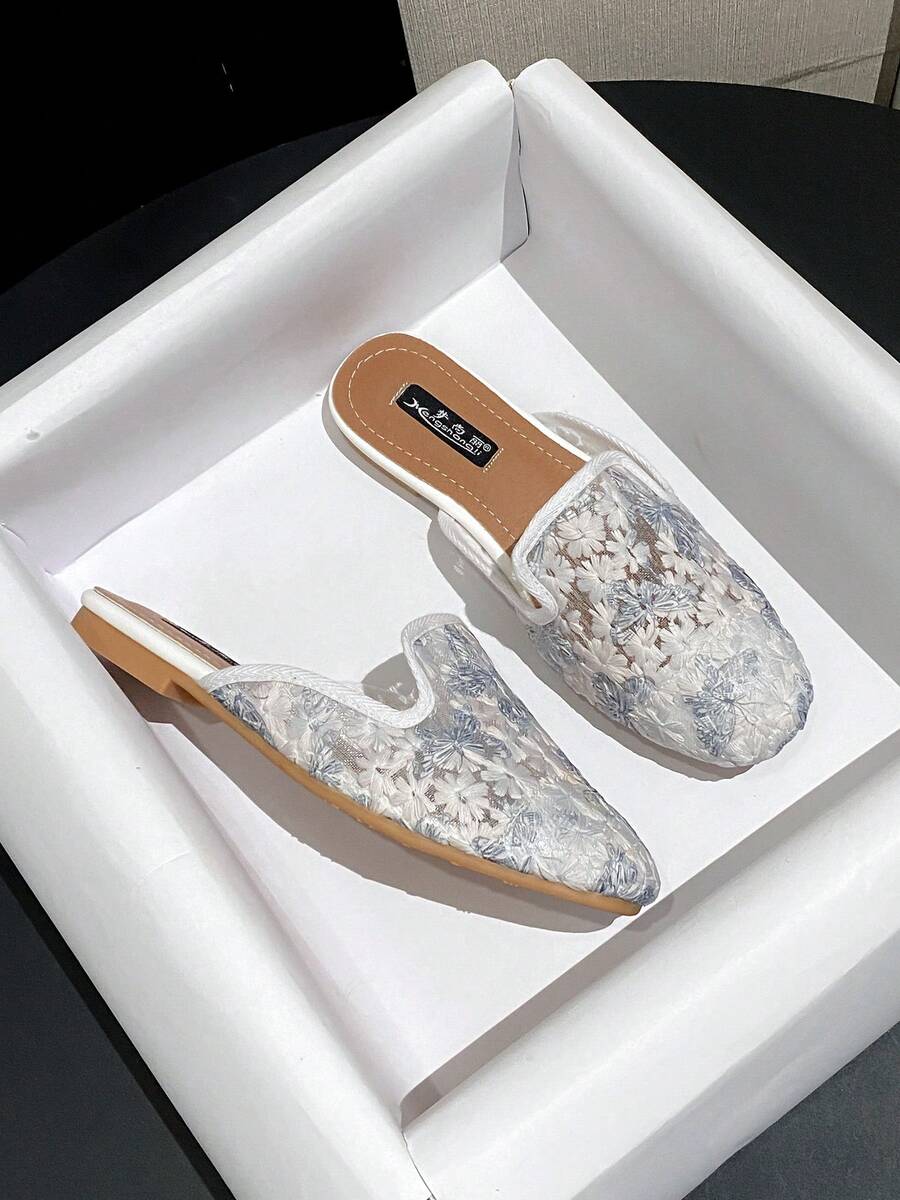 Mengshangli Women's Random Print Mesh Patchwork Flat Slide Sandals, Beach Vacation, Spring/Summer - Baby Blue - View 1