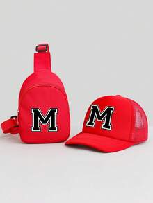 2pcs Kids Red 26 Letter Personalized Sponge Mesh Cap Set, Fashionable Cool Breathable Sunshade Hollow Design Baseball Cap & Compact Lightweight Versatile Pouch, Gift Set, Suitable For 5-8 Years Old Boys & Girls Casual, School, Travel In Spring/Summer - Red - View 16