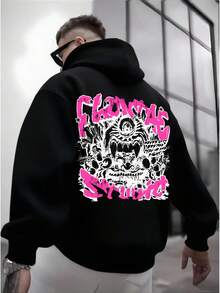 Sudadera con Capucha para Hombre, Estilo Gótico Heavy Metal con Gráficos - Rosa y Estampado, Corte Holgado Casual, Comodidad para Todas las Estaciones, Lavable a Máquina, Ropa Urbana con Toque Rebelde para Conciertos y Atuendo Casual, Outfit para Concierto, Estilo Callejero - Negro - Ver 6