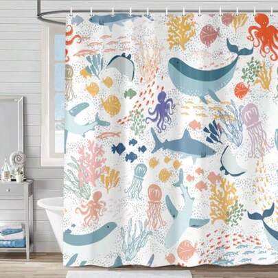 Cortina de ducha con diseño de tiburón bohemio rosa con peces oceánicos abstractos dibujos animados tela colorida para decoración de tina de s 47 x 64 pulgadas