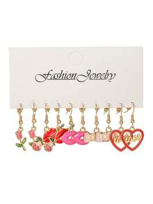 5对情人节耳环套装，优雅时尚的合金材质，嘴唇、玫瑰、心形、LOVE设计耳环，适合女性日常、婚礼、派对、情人节、海滩度假等场合佩戴，是送给女朋友的绝佳礼物。