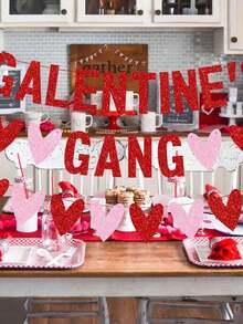 1pc Heart-Shaped Galentine's Gang Banner, Glitter Letter Party Decor For Fireplace, Porch, Party Supplies, Valentine's Day, Girls Welcome Sign, Festive Atmosphere Decoration, Holiday Party - Multicolor - View 4