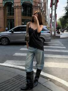 Women's Casual Soft Silky Lace Hollow Asymmetric Hem Fitted Camisole Top, Spring/Summer - Black - View 7