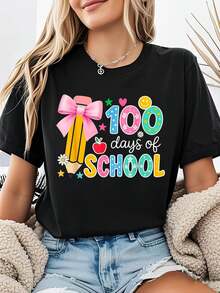 100% Cotton Funny 100 Days Of School Preppy 100th Day Of School Teachers Girls T-Shirt Cotton Graphic Tee For Women, Round Neck Short Sleeve Casual Tops - Black - View 1