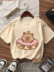 Bộ 3 áo thun ngắn tay in hình hoạt hình Capibara dễ thương dành cho bé gái tuổi teen, áo mùa hè. - Nhiều màu - Xem 2