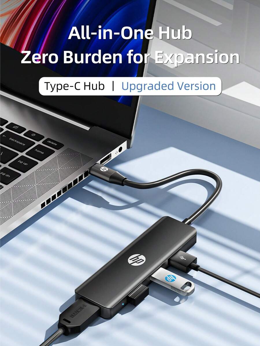 HP USB 集线器带 Type-C 充电适配器 2.0 分线器兼容苹果笔记本电脑转换器 4K 投影 PD 充电扩展集线器 4 合 1（黑色、白色、米色、银色） - 五合一 - 查看 1