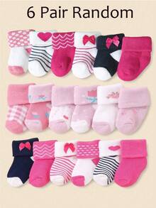 12/6双装婴儿保暖袜，加厚保暖内衬女童袜，适合0-3岁新生儿，心形条纹印花设计，饰有时尚蝴蝶结，适合日常穿着和送礼。婴儿袜，新生儿袜，幼儿袜，婴幼儿袜。 - 彩色 - 查看 13