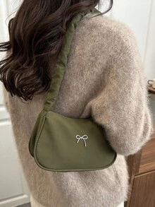 1pc Green Nylon Fabric Smooth Zipper Bow Decor Drawstring Strap Design Fashion Versatile Casual Solid Color Minimalist Unique Shoulder Bag, Suitable For Women's Daily Use - Green - View 2