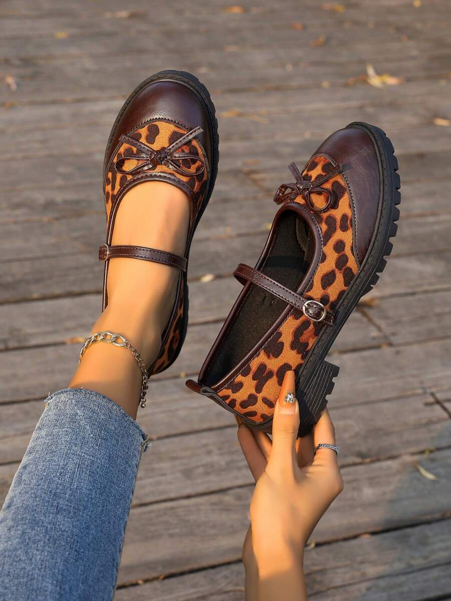 Nouvelles chaussures vintage à boucle Léopard Mary Jane, bout rond, semelle épaisse, tige basse, chaussures pour étudiantes et femmes, printemps/automne - Multicolore - Voir 1