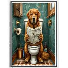1 pieza Pintura de diamantes de un Golden Retriever sentado en el inodoro leyendo un periódico, lienzo de perforación completa con herramientas, pintura de diamantes hecha a mano para decoración, arte de diamantes, decoración de pared para sala de estar y dormitorio, regalo para adultos principiantes - Multicolor - Ver 2