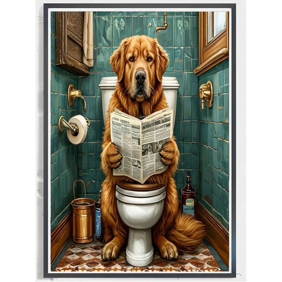 1 pieza Pintura de diamantes de un Golden Retriever sentado en el inodoro leyendo un periódico, lienzo de perforación completa con herramientas, pintura de diamantes hecha a mano para decoración, arte de diamantes, decoración de pared para sala de estar y dormitorio, regalo para adultos principiantes
