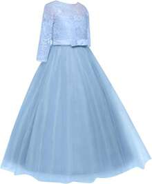 Girls Vintage Floral Lace 3/4 Sleeve Floor Length Dress - Wedding Pageant Formal Evening Gown - 藍色 - 查看 4