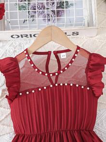 4-7 Years Old Girls Elegant Beaded Cap Sleeve Princess Style Dress - Red - View 3