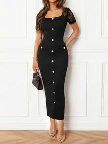 女士优雅黑色收腰中长连衣裙，方领蕾丝拼接短袖，白色纽扣针织面料，中等弹力，黑色连衣裙 - 黑色 - 查看 4