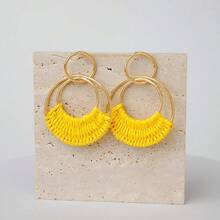 Raffia Hoop Earrings For Women Fun Boho Summer Beach Earrings Lightweight Handmade Straw Wicker Rattan Dangle Earrings Statement Geometric Round Drop Earrings - Vàng tròn - Xem 5