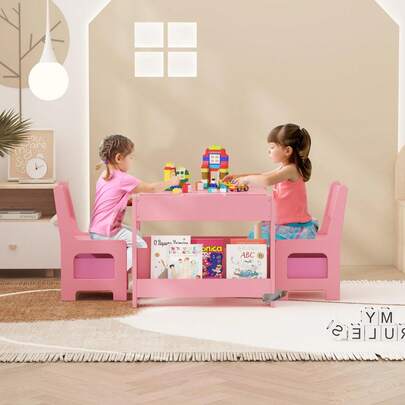 Juego de Mesa y Sillas para Niños 4 en 1, Mesa de Actividades con Cajón de Almacenamiento y Mesa Desmontable