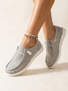 女士灰色時尚素色一腳蹬運動鞋帶前系帶適用於休閒穿戴 - 灰色 - 查看 4