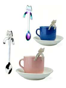 Stainless Steel Mini Cute Cat Shaped Mixing Spoon, Suitable For Stirring Desserts, Beverages And Milkshakes, Hanging Coffee Spoon (Multiple Colors Available) - Multicolor - View 3