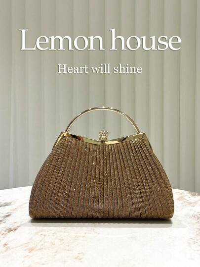 1pc Elegant Ruffled Glitter Gold Clutch Bag With Rhinestone Decor, Fashion Handbag For Evening Party, Wedding, Prom, Ideal Gift For Women