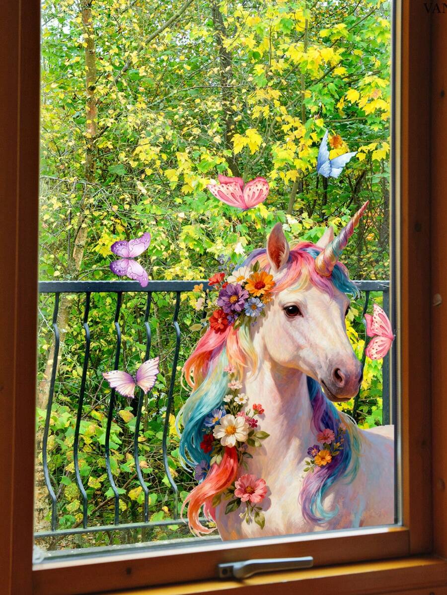 1/2/3片装彩色独角兽蝴蝶花卉创意窗贴，适用于卧室和客厅玻璃装饰 - 彩色 - 查看 1