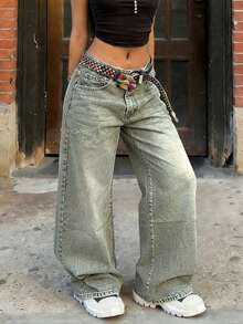 Quần jeans nữ ống rộng cạp cao phong cách retro - Quần thường ngày kiểu đường phố. - màu xanh lá - Xem 4