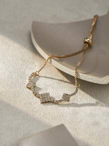 Nooxian 1pc Fashion Rhombus Claw Chain Bracelet, Copper Zirconia Adjustable Bracelet (Random Zirconia Quantity) - Yellow Gold - View 2