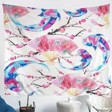 1pc Vintage Japanese Koi Carp & Cherry Blossom Tapestry - Ukiyo-E Wall Hanging With Pink Sakura Branches, Blue & Red Fish, Traditional Japanese Decor - Durable Polyester Fabric For Living Room, Bedroom, Dorm - No Electricity Needed, Easy To Hang - Indoor Home Decoration, Japanese Wall Art, Bedroom Accent,  Aesthetic, Lightweight Material, Decorative Piece, Interior Designers, 2D Flat, Perfect For Room Decor - 黑色 - 查看 2