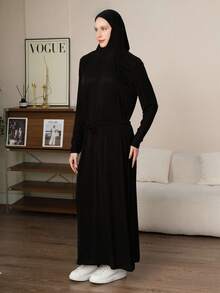 1 pezzo Vestito lungo nero minimalista taglie forti, abbigliamento quotidiano comodo per donna, tessuto morbido con design con cappuccio, adatto al comfort e al codice di abbigliamento religioso, adatto per uscite quotidiane, occasioni di svago, vita regolabile per diverse fisicità, stile minimalista facile da abbinare con le scarpe, accessorio pratico essenziale per donna, adatto per l'uso quotidiano e le occasioni festive, elegante primaverile - nero - Visualizzare 6