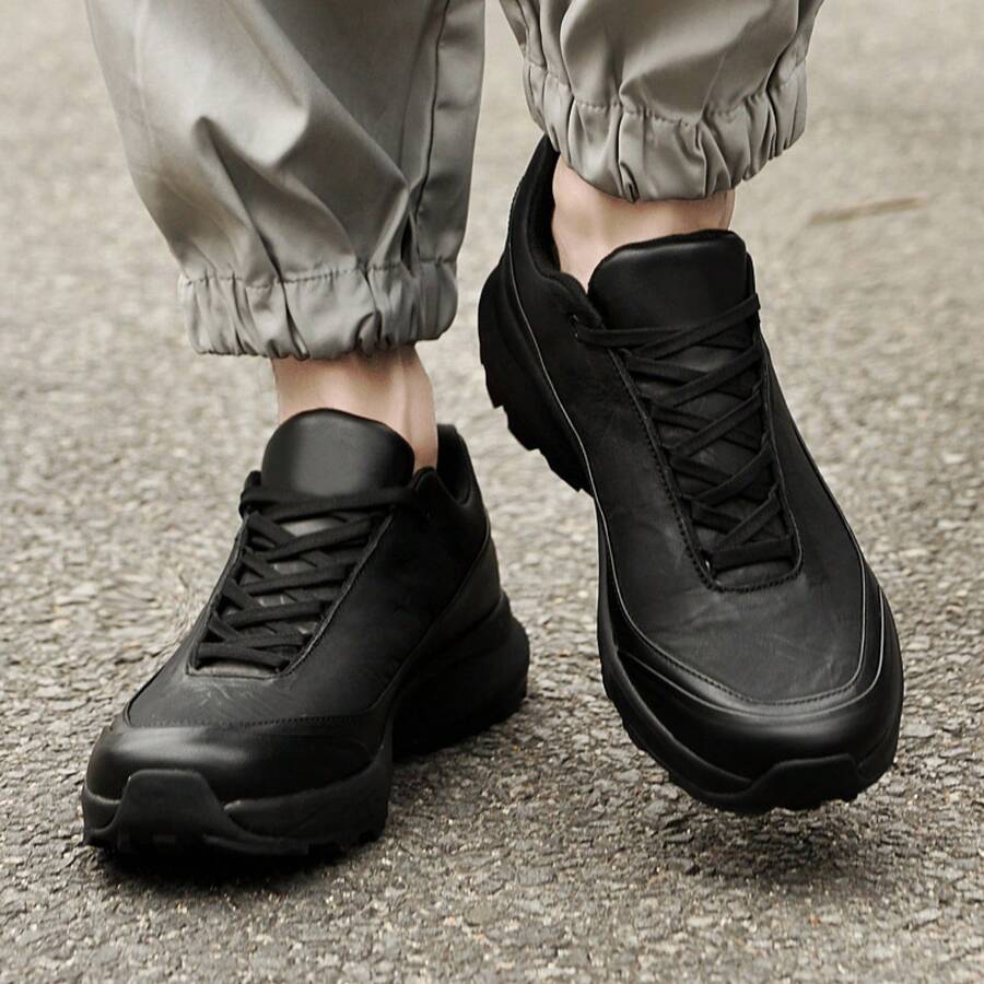 Men's Leather Shoes Sports Leather Shoes Spring And Autumn Low Top Layer Cowhide Surface Outdoor Hiking Casual Shoes Black - 比運動鞋碼偏大一碼 - 查看 1