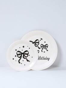 Black Bowknot Theme Party Tableware Set, Disposable Tableware For Bow Birthday Party Decoration,Newborn Baby Party Dining Table Decor,Baby Shower Decoration,Happy Birthday Party Supplies,Disposable Paper Plates,Paper Cups,Paper Napkins,Gender Reveal Decoration,Baby Shower Party Decoration - Black Bow - View 6