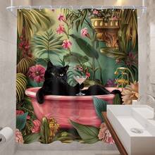 趣味黑猫浴帘，亮粉色牡丹花卉图案，可爱动物造型，复古丛林热带树叶植物浴室帘套装，复古浴室配件装饰，家居、酒店、度假、礼品皆宜 - 彩色 - 查看 4