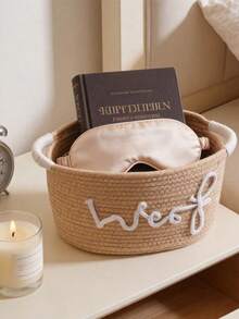 A Woven Rope Storage Basket With The Word "Woof" Embroidered On It - A Pet Toy Storage Basket, Capable Of Holding Teething Toys, Blankets And Leash Ropes. Navy Blue Handle, Stackable Design, Personalized Pet Storage Basket, Suitable For Cats And Dogs. Pet Gift.Storage Bins Baskets For Gifts,Storage Baskets,Storage Bins,Valentines Basket,Basket Storage - Multicolor - View 6