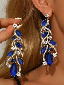 Vintage Navy Blue Rhinestone Earrings, Exaggerated Women's Evening Party Theme Earrings, Elegant And Sophisticated Gift - Xanh đậm - Xem 1