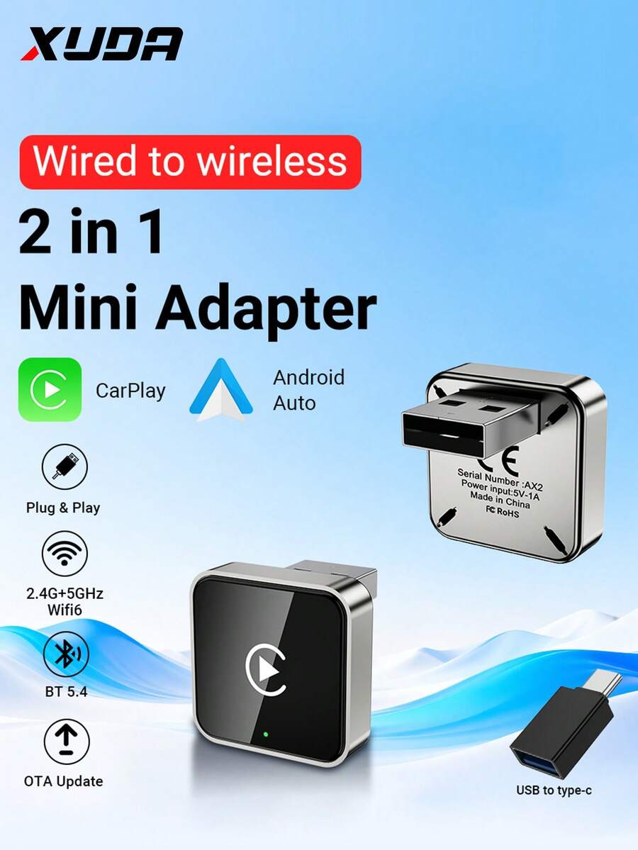 XUDA 2026 New 2-In-1 Wireless CarPlay/Android Auto Adapter, 2.4-5.0 GHz WiFi6 Carplay Converter, Wired To Wireless, Fast Auto-Connect Smart Box, No Latency, Compact Design, Fashionable Portable, Compact & Elegant, Compatible With IPhone & Android, With USB/USB-C Port, No Battery - A - View 1