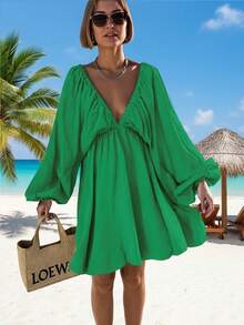 女士纯色深 V 领灯笼袖露背度假连衣裙