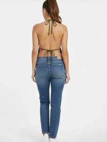 Women's Cropped Halter Top With Straps And Back Tie. Knit Fabric. Open Back. Drawstring. Nightwear. - Verde Oscuro - Ver 2