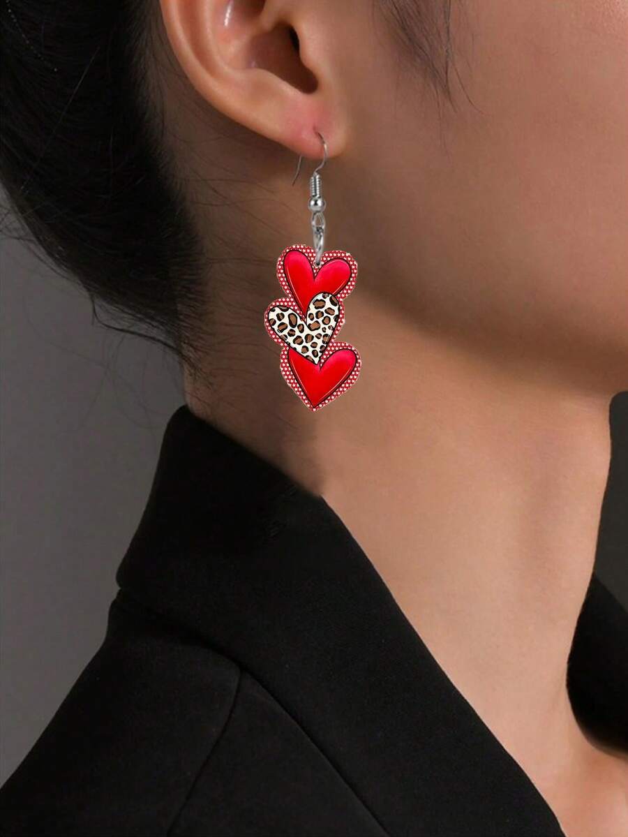 1 Pair Fashion Acrylic Leopard Print & Heart Drip Design Earrings, Red Heart Earrings, Romantic Wedding Earrings, Perfect Holiday Gift For Women