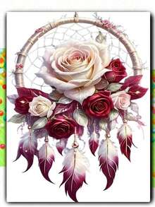 羽毛玫瑰捕梦网钻石画套装，成人款，全钻圆形钻石画，适合房间装饰、卧室装饰或作为生日礼物送给朋友 - 彩色 - 查看 1