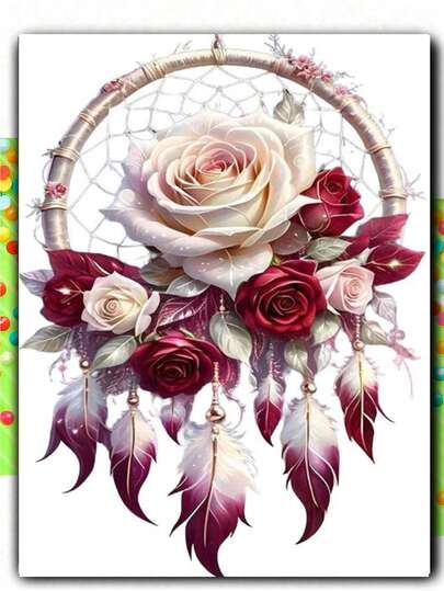 Diamantmålningsset med fjäderros och drömfångare för vuxna, rund diamantmålning med full borrning, för rumsdekor, sovrumsdekor eller födelsedagsdekor för vänner