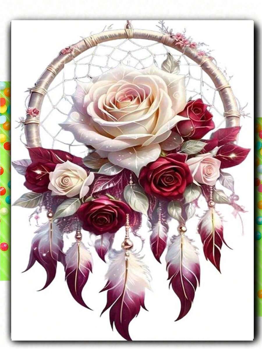 羽毛玫瑰捕梦网钻石画套装，成人款，全钻圆形钻石画，适合房间装饰、卧室装饰或作为生日礼物送给朋友 - 彩色 - 查看 1