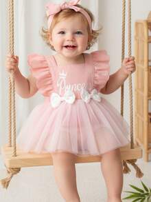 2pcs/Set Soft & Comfortable Casual Elegant Baby Girl Outfit, Cute Crown & Letter Pattern, Bow Decor, Ruffle Mesh Princess Romper Dress & Headband Set, Suitable For Party, Vacation, Photography And Daily Wear - Multicolor - View 10