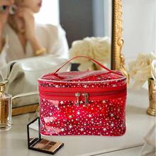 Star Print Purple PVC Makeup Bag With Handle - 8.66 * 5.51 * 5.51 Inch,Clear Storage Bag Toiletry Pocket Portable Zippered Pouch Waterproof Cosmetic Organizer Bags For Women (Purple-L) - 紫色-l - 查看 5