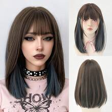 AKAKO 薄荷蓝挑染波波头假发，带刘海，14英寸短直发，女士齐肩长度，合成刘海假发，自然逼真，耐热，适合日常、万圣节派对等场合，Y2K和哥特风格假发配件 - 薄荷藍 - 查看 11