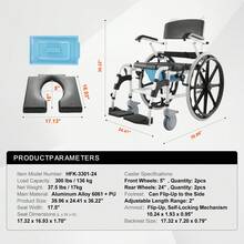 Silla de ruedas de ducha, 17,5 pulgadas de ancho de aleación de aluminio silla de ruedas de baño para ducha interior, silla de ducha rodante ajustable con freno para adultos discapacitados, silla de transporte de comoda de ducha de capacidad de 300 libras - Blanco y Negro - Ver 7