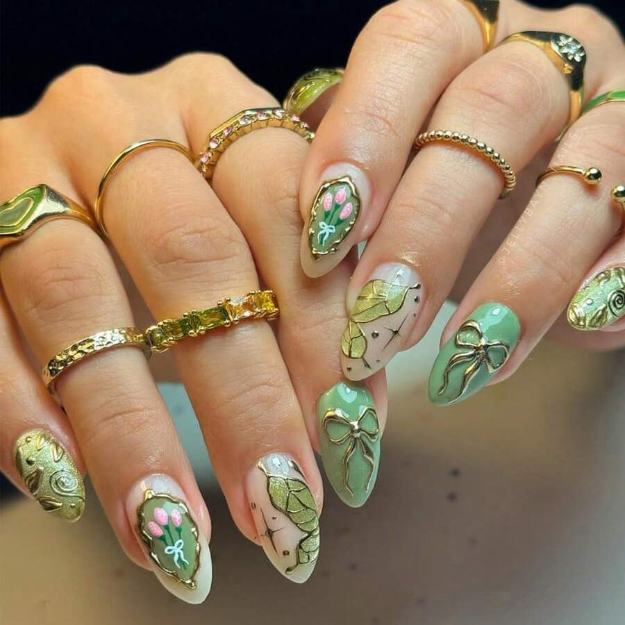 Color Three-Dimensional Butterfly Nail Patch, Finished Wearable Nail Piece, Short Gradual Change Nail Sticker, Art Wearing Nail Set - màu xanh lá - Xem 1