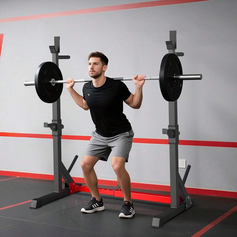 Squat Rack, Adjustable Barbell Rack, Height-Adjustable, Multifunctional Barbell Rack, Up To 250 Kg - Red - View 1