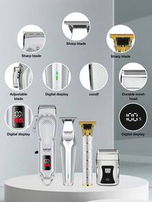 男士电动理发器套装（4件套/2件套/1件套），USB充电式理容套装，包含理发器、电动剃须刀、雕刻剪刀，多功能男士理发及胡须护理套装，多种配件，礼盒包装，理想的节日礼物 - 銀色 - 查看 4